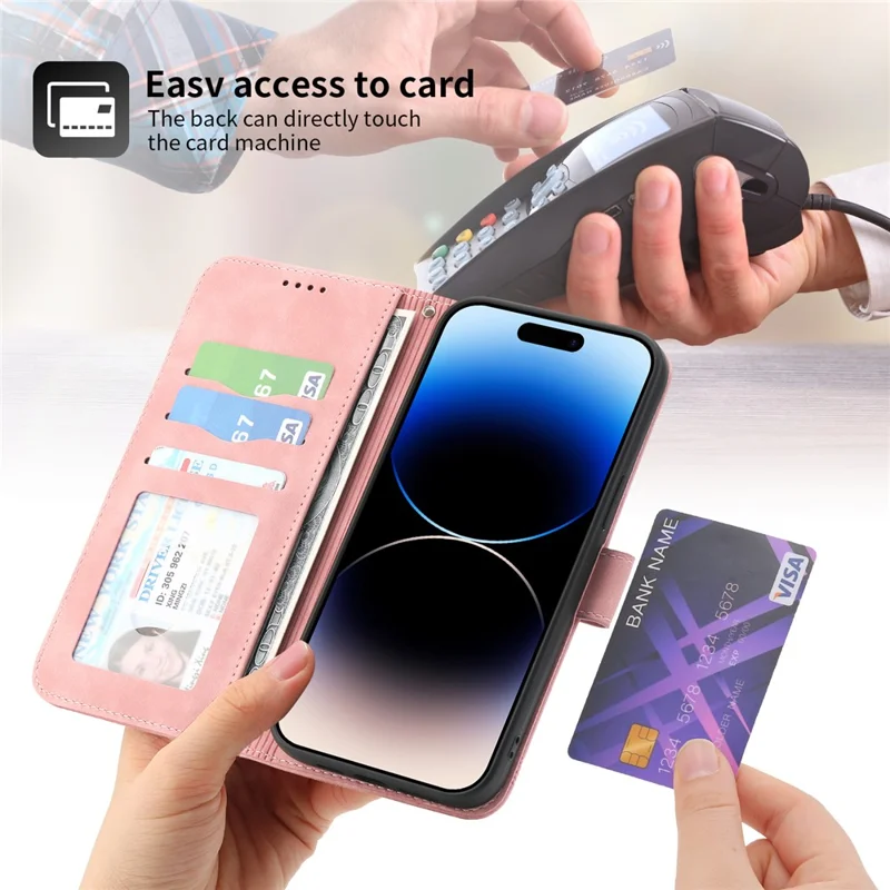 DIERFENG DF-03 für iPhone 14 Pro Max PU-Lederhülle mit Linienprägung, schockabsorbierend, Telefon-Geldbörse mit Ständer - Pink