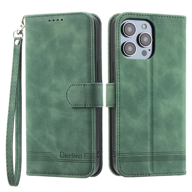 DIERFENG DF-03 Lines Imprinted Phone Case für iPhone 14 Pro, PU-Leder Magnetverschluss Wallet Stand Cover - Grün