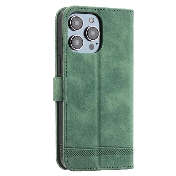 DIERFENG DF-03 Lines Imprinted Phone Case für iPhone 14 Pro, PU-Leder Magnetverschluss Wallet Stand Cover - Grün