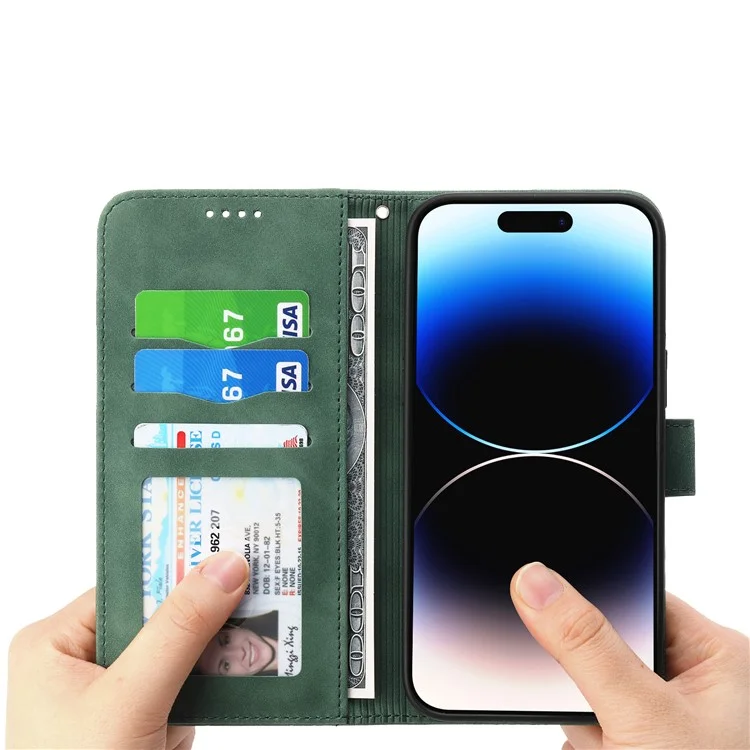 DIERFENG DF-03 Lines Imprinted Phone Case für iPhone 14 Pro, PU-Leder Magnetverschluss Wallet Stand Cover - Grün
