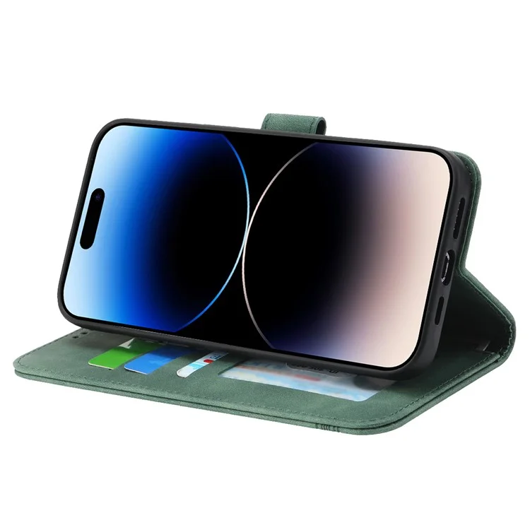 DIERFENG DF-03 Lines Imprinted Phone Case für iPhone 14 Pro, PU-Leder Magnetverschluss Wallet Stand Cover - Grün