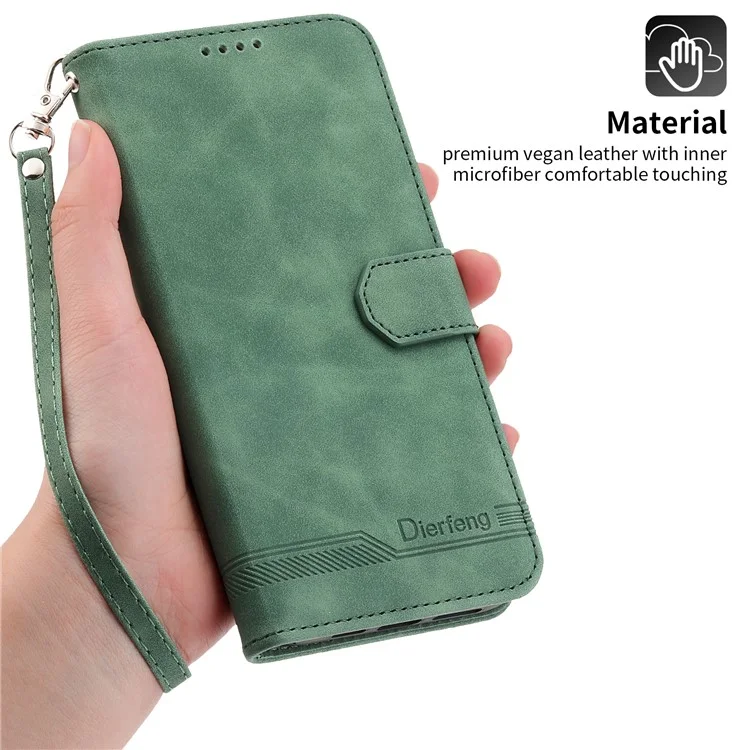 DIERFENG DF-03 Lines Imprinted Phone Case für iPhone 14 Pro, PU-Leder Magnetverschluss Wallet Stand Cover - Grün