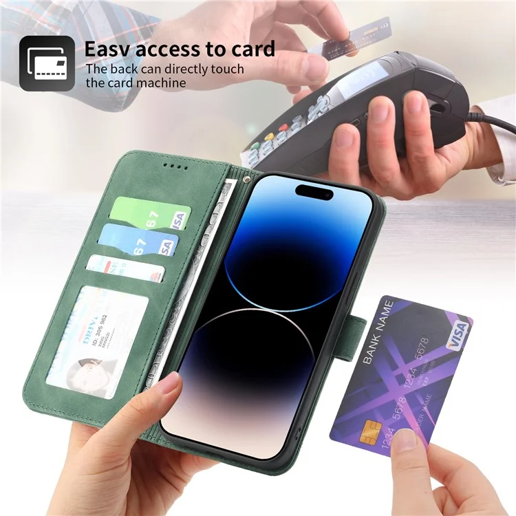 DIERFENG DF-03 Lines Imprinted Phone Case für iPhone 14 Pro, PU-Leder Magnetverschluss Wallet Stand Cover - Grün