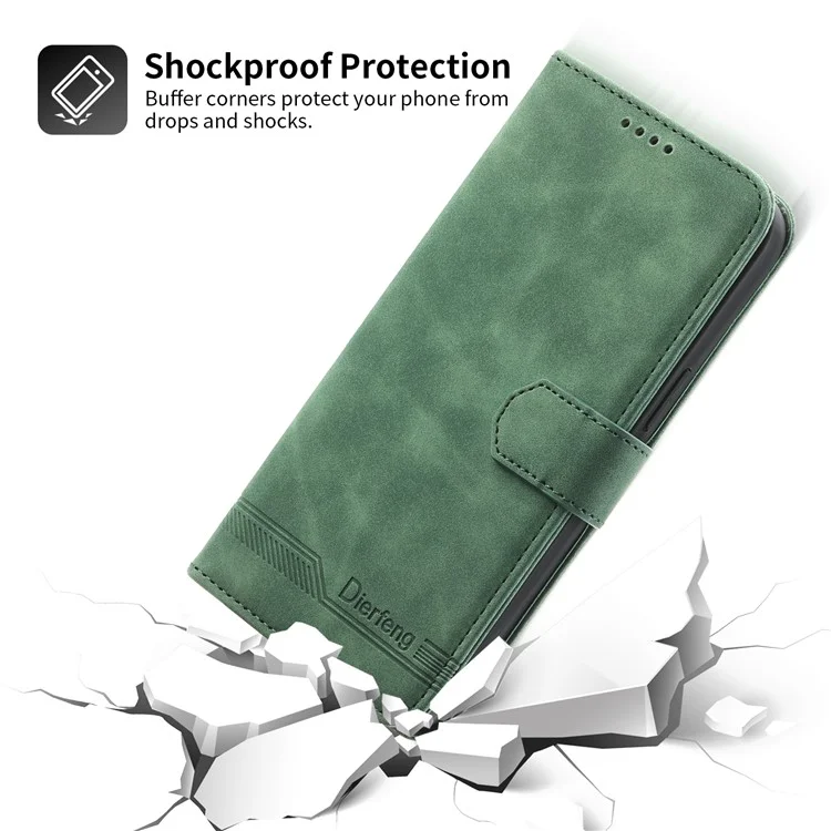 DIERFENG DF-03 Lines Imprinted Phone Case für iPhone 14 Pro, PU-Leder Magnetverschluss Wallet Stand Cover - Grün
