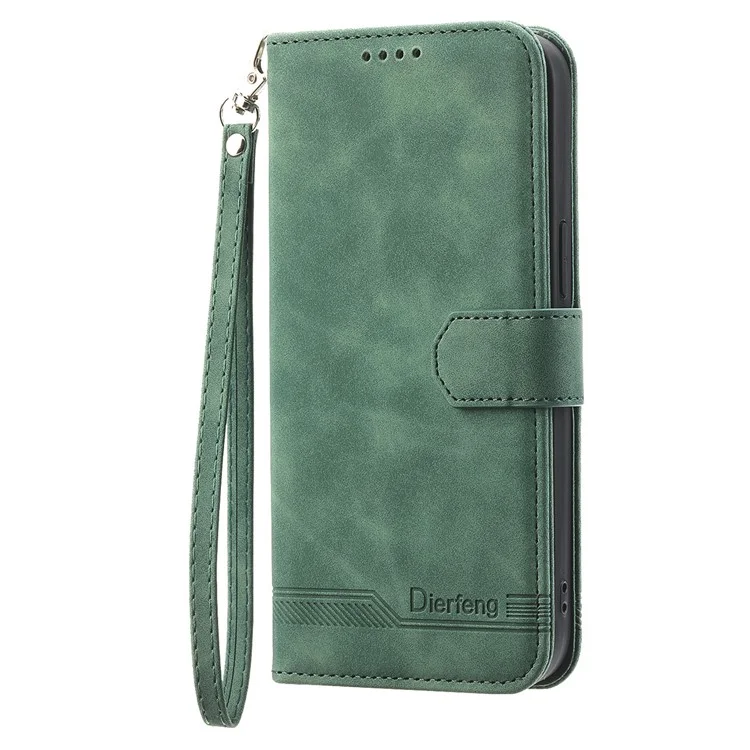 DIERFENG DF-03 Lines Imprinted Phone Case für iPhone 14 Pro, PU-Leder Magnetverschluss Wallet Stand Cover - Grün