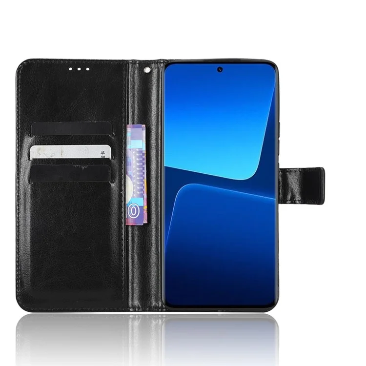 Smartphone Case For Xiaomi 13 Pro 5G Magnetic Clasp Wallet Stand Crazy Horse Texture PU Leather Shockproof Phone Cover with Strap - Black