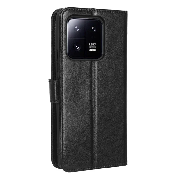 Smartphone Case For Xiaomi 13 Pro 5G Magnetic Clasp Wallet Stand Crazy Horse Texture PU Leather Shockproof Phone Cover with Strap - Black
