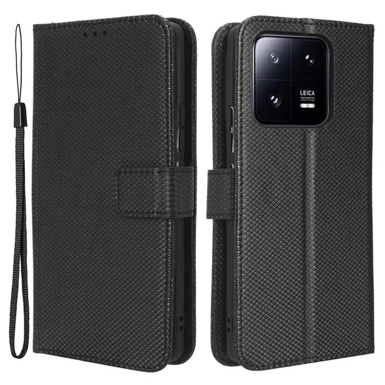 Diamond Texture Phone Cover Für Xiaomi 13 Pro 5G, Magnetischer Verschluss Faltbarer Ständer Flip Lederbrieftasche - Schwarz