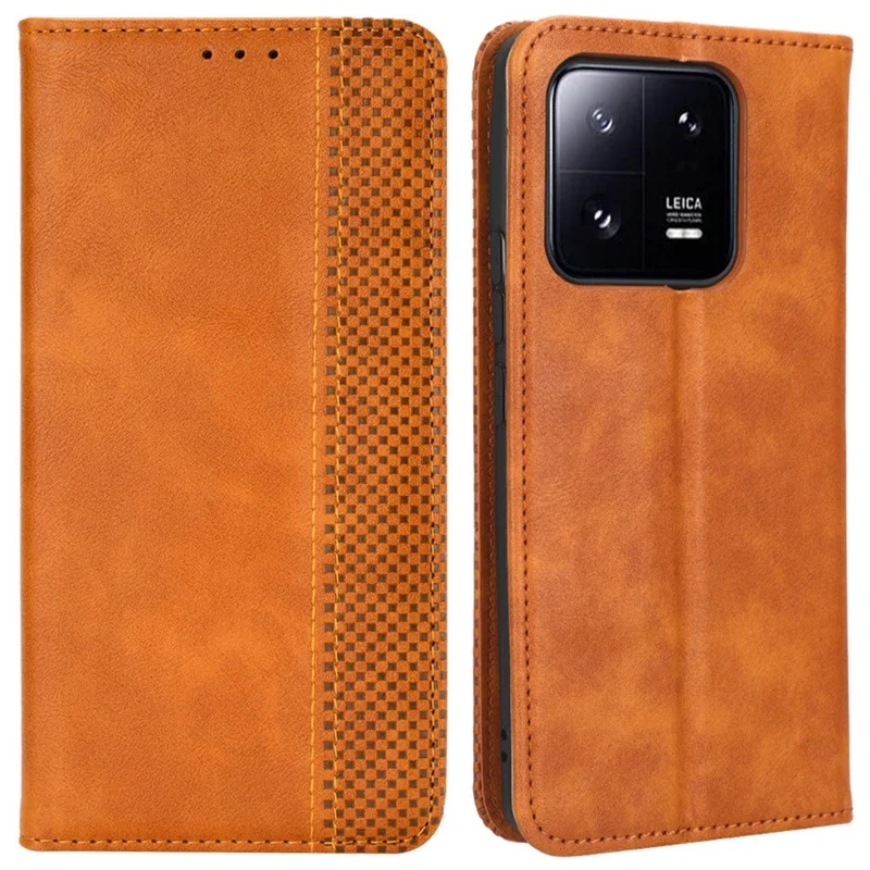 För Xiaomi 13 5G Magnetiskt automatiskt stängande flipväska med ställfunktion, retro struktur, inpräntat mönster, polyuretanläder, repbeständig mobilskal - Brun