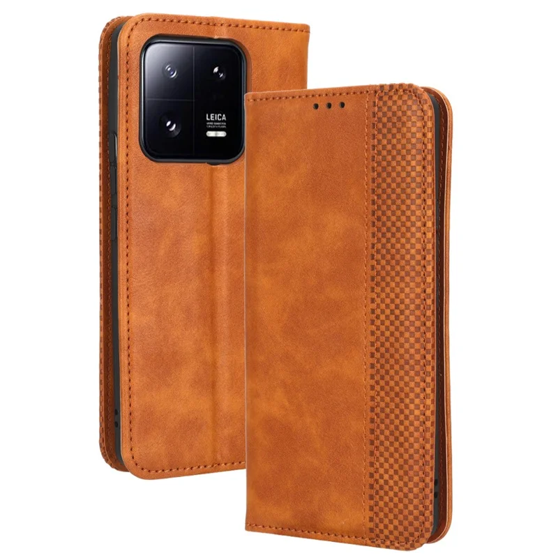 För Xiaomi 13 5G Magnetiskt automatiskt stängande flipväska med ställfunktion, retro struktur, inpräntat mönster, polyuretanläder, repbeständig mobilskal - Brun