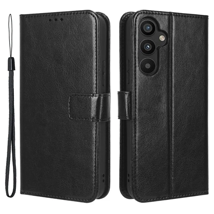 Para Samsung Galaxy A34 5G Crazy Horse Texture Magnetic Cell Phone Case Wallet Foldable Stand Shockproof PU Leather Phone Cover with Strap - Negro