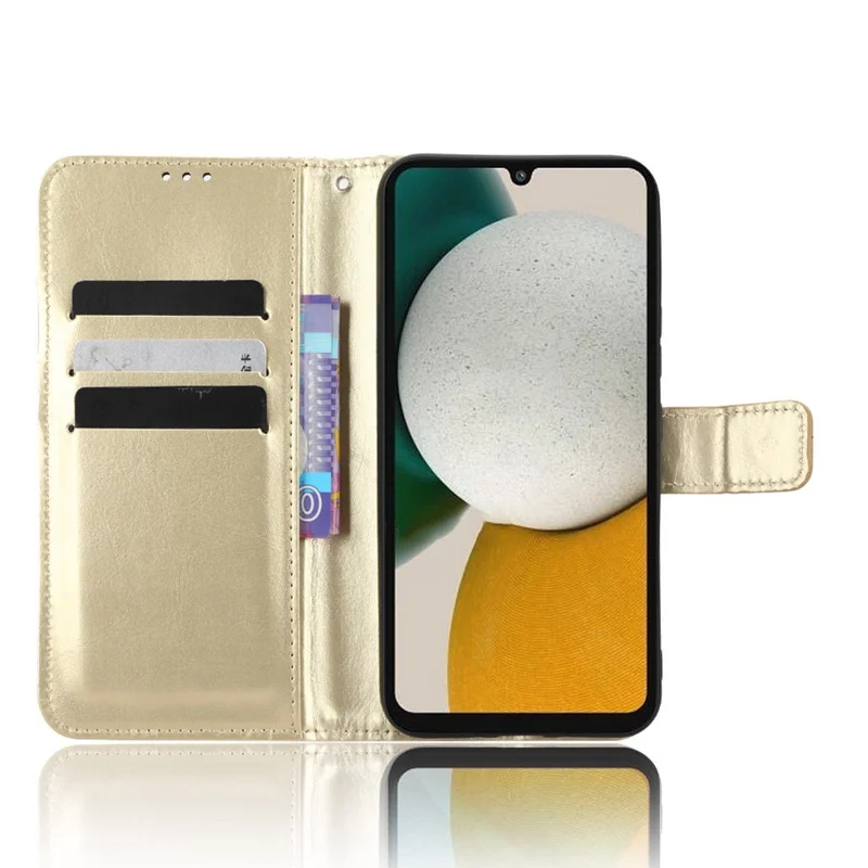 For Samsung Galaxy A34 5G Crazy Horse Texture Magnetic Cell Phone Case Wallet Foldable Stand Shockproof PU Leather Phone Cover with Strap - Gold