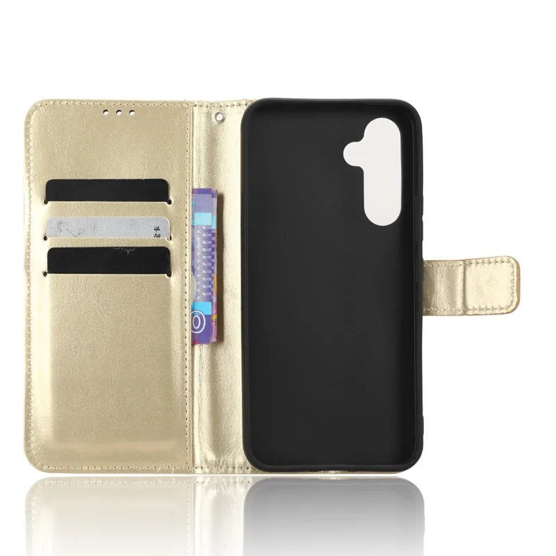 For Samsung Galaxy A34 5G Crazy Horse Texture Magnetic Cell Phone Case Wallet Foldable Stand Shockproof PU Leather Phone Cover with Strap - Gold