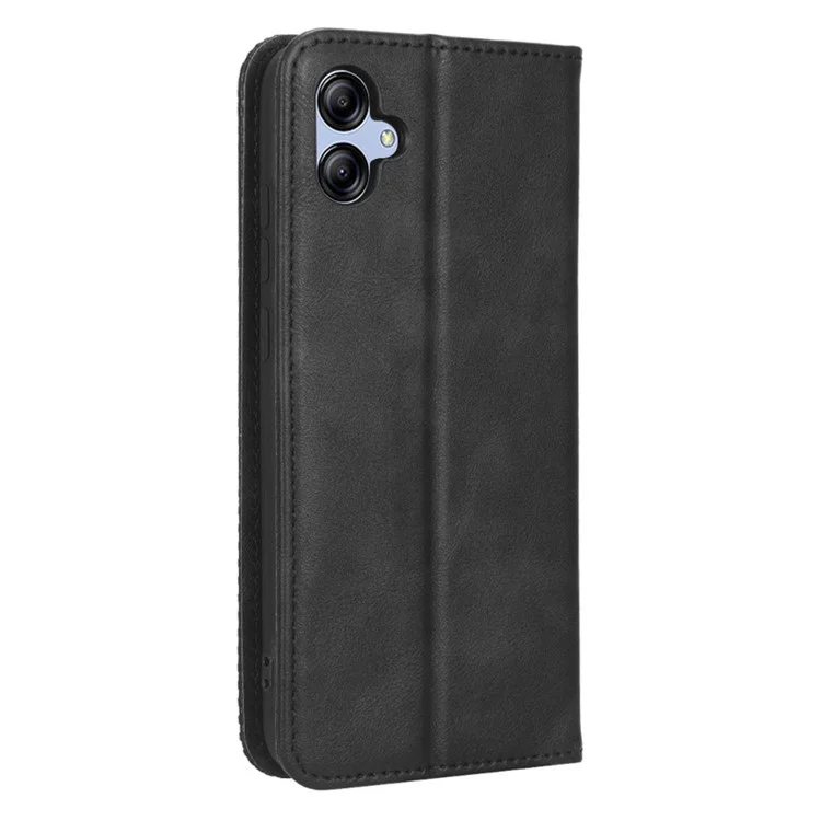 Cubierta de teléfono protectora con textura retro para Samsung Galaxy A04e 4G / F04 4G / M04 4G, cierre automático magnético con patrón estampado de piel sintética de cuero plegable con soporte anti-caída - Negro