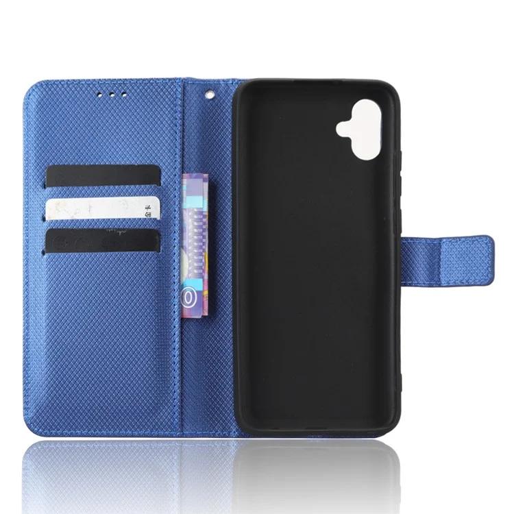 For Samsung Galaxy A04e 4G / F04 4G / M04 4G Magnetic Clasp Protective Phone Cover Diamond Texture PU Leather Foldable Stand Flip Wallet Phone Case - Blue