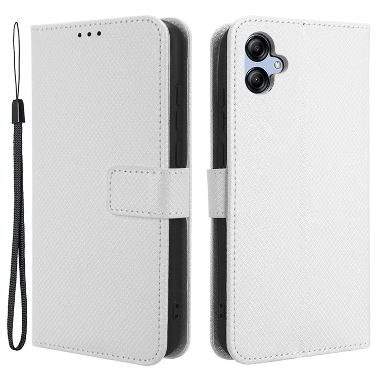 Para Samsung Galaxy A04e 4G / F04 4G / M04 4G Funda de teléfono protectora con cierre magnético Textura de diamante Funda de cartera plegable de piel sintética PU - Blanco