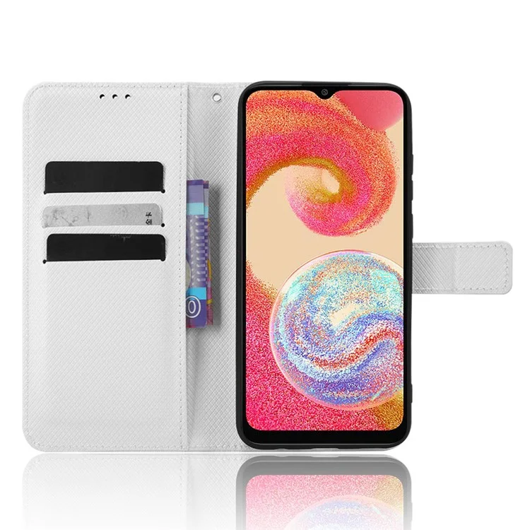 Para Samsung Galaxy A04e 4G / F04 4G / M04 4G Funda de teléfono protectora con cierre magnético Textura de diamante Funda de cartera plegable de piel sintética PU - Blanco