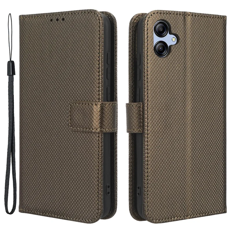 For Samsung Galaxy A04e 4G / F04 4G / M04 4G Magnetic Clasp Protective Phone Cover Diamond Texture PU Leather Foldable Stand Flip Wallet Phone Case - Brown