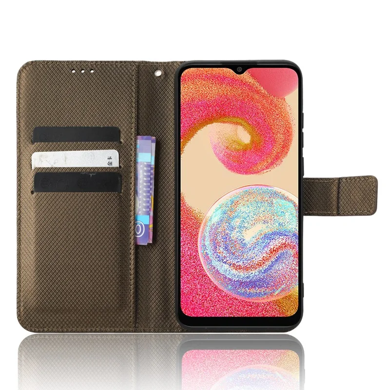 For Samsung Galaxy A04e 4G / F04 4G / M04 4G Magnetic Clasp Protective Phone Cover Diamond Texture PU Leather Foldable Stand Flip Wallet Phone Case - Brown