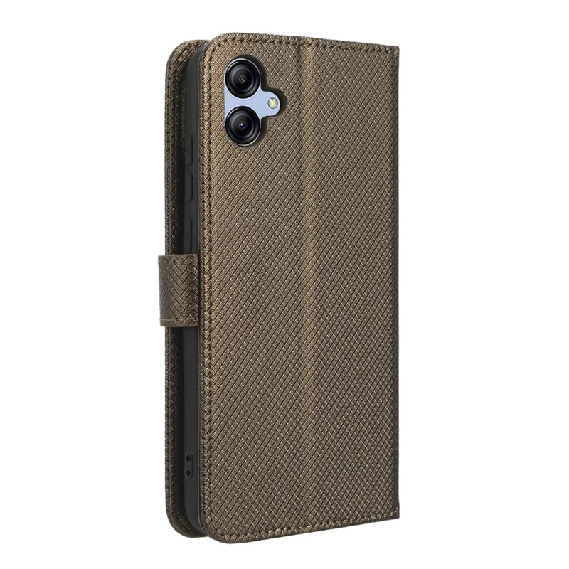 For Samsung Galaxy A04e 4G / F04 4G / M04 4G Magnetic Clasp Protective Phone Cover Diamond Texture PU Leather Foldable Stand Flip Wallet Phone Case - Brown