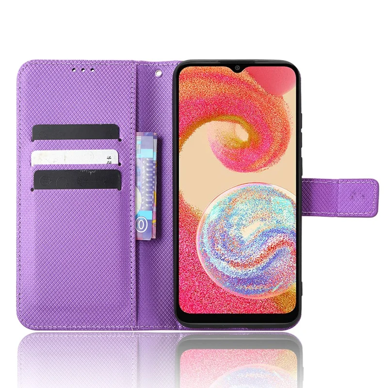 For Samsung Galaxy A04e 4G / F04 4G / M04 4G Magnetic Clasp Protective Phone Cover Diamond Texture PU Leather Foldable Stand Flip Wallet Phone Case - Purple