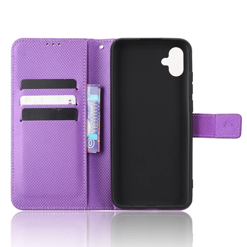 For Samsung Galaxy A04e 4G / F04 4G / M04 4G Magnetic Clasp Protective Phone Cover Diamond Texture PU Leather Foldable Stand Flip Wallet Phone Case - Purple