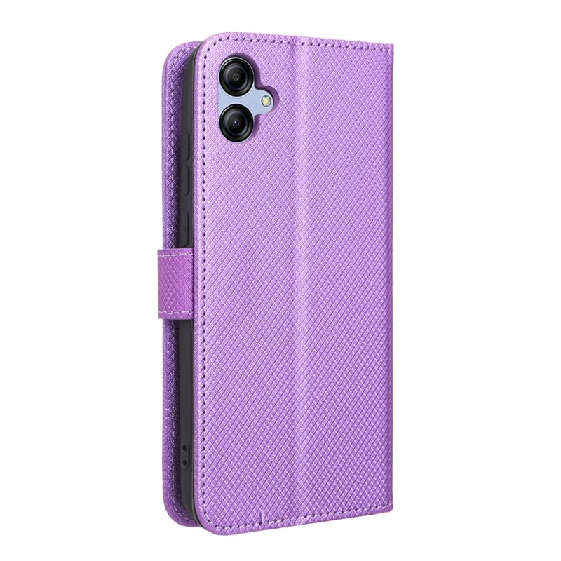 For Samsung Galaxy A04e 4G / F04 4G / M04 4G Magnetic Clasp Protective Phone Cover Diamond Texture PU Leather Foldable Stand Flip Wallet Phone Case - Purple