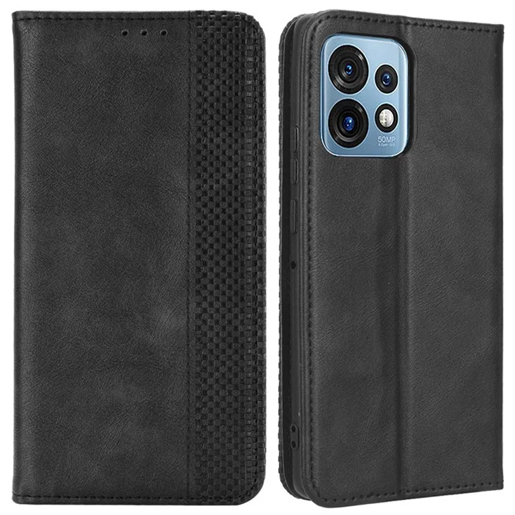 Custodia per telefono a prova di caduta per Motorola Moto X40 5G / Edge 40 Pro 5G / Edge+ (2023) Chiusura automatica magnetica Motivo stampato Texture retrò in pelle di poliuretano Custodia a portafoglio con supporto - Nero