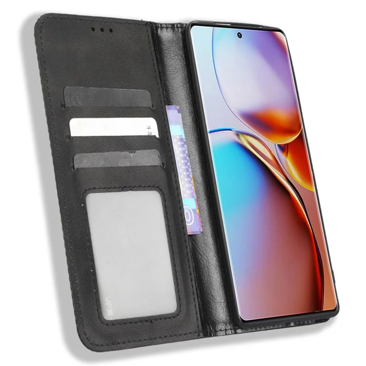 Custodia per telefono a prova di caduta per Motorola Moto X40 5G / Edge 40 Pro 5G / Edge+ (2023) Chiusura automatica magnetica Motivo stampato Texture retrò in pelle di poliuretano Custodia a portafoglio con supporto - Nero