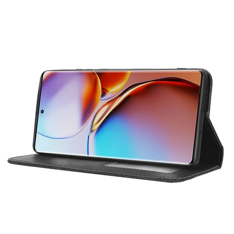 Custodia per telefono a prova di caduta per Motorola Moto X40 5G / Edge 40 Pro 5G / Edge+ (2023) Chiusura automatica magnetica Motivo stampato Texture retrò in pelle di poliuretano Custodia a portafoglio con supporto - Nero