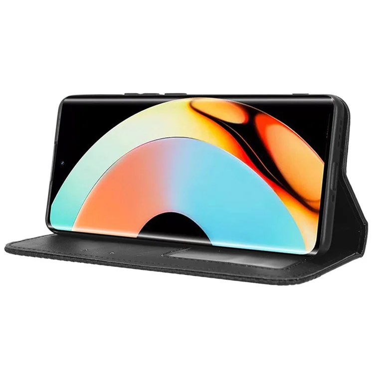 For Realme 10 Pro+ 5G Magnetic Auto Closing Phone Case Foldable Stand Retro Texture Imprinted Pattern PU Leather Flip Wallet Phone Cover - Black