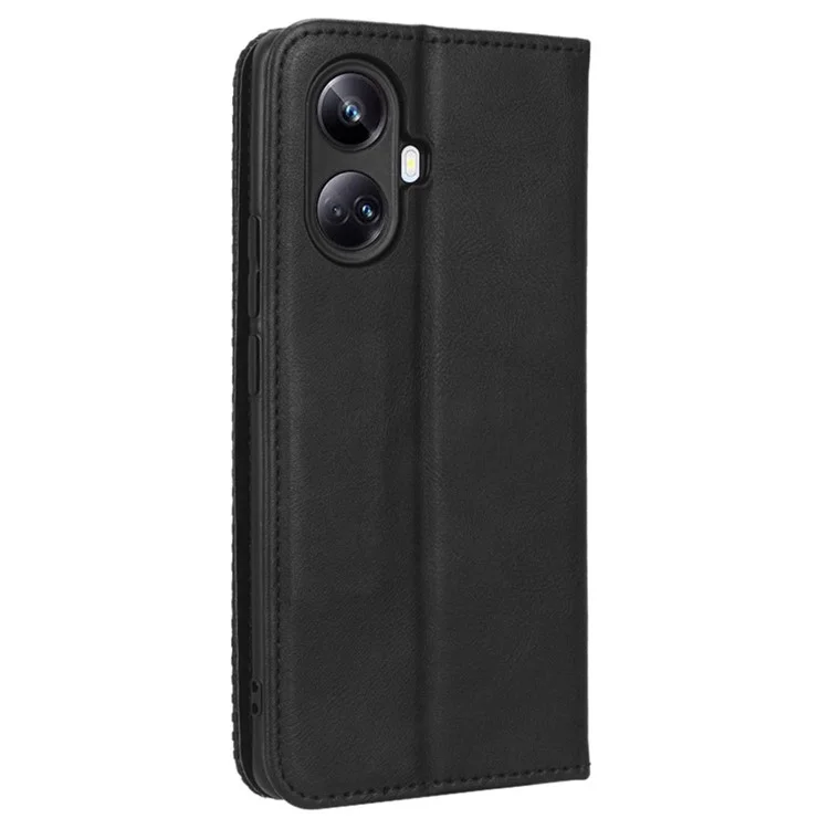 For Realme 10 Pro+ 5G Magnetic Auto Closing Phone Case Foldable Stand Retro Texture Imprinted Pattern PU Leather Flip Wallet Phone Cover - Black