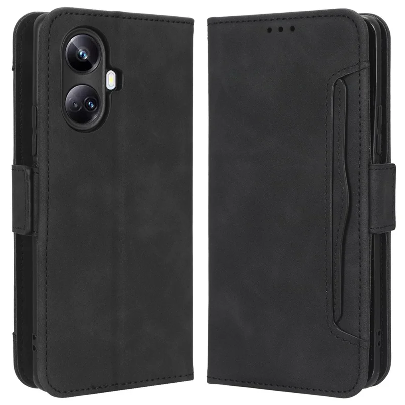 For Realme 10 Pro+ 5G PU Leather Phone Case Multiple Card Slots Magnetic Full Coverage Flip Phone Cover Wallet Stand - Black