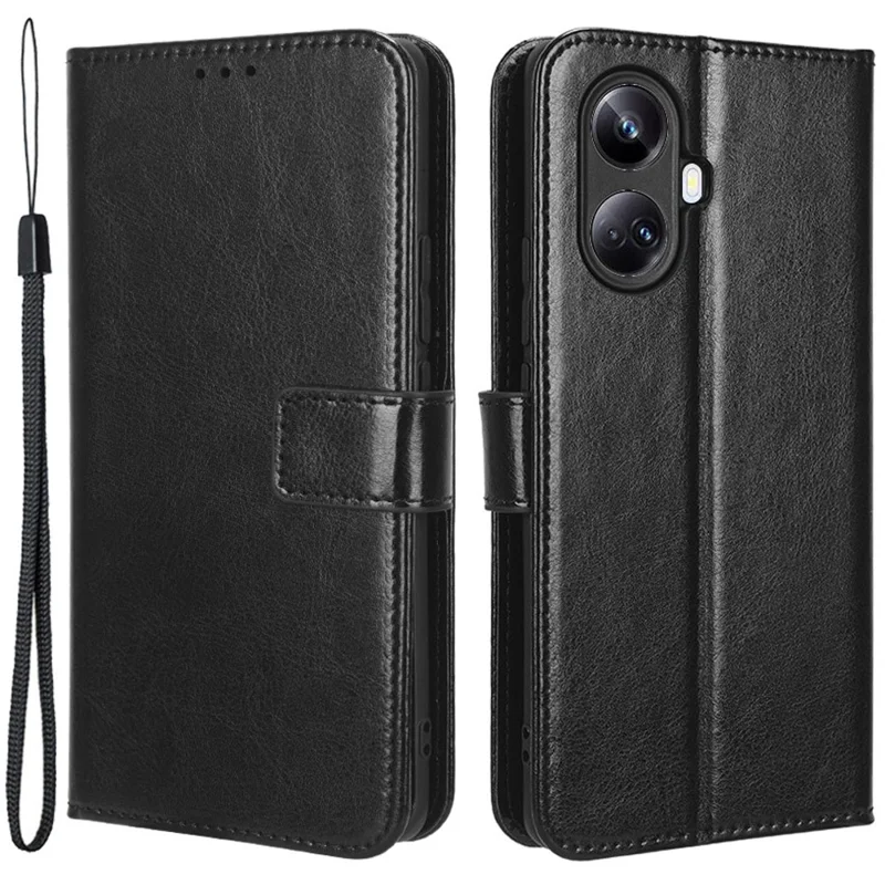 Für Realme 10 Pro+ 5G Full Body Coverage Crazy Horse Texture Magnetische Handyhülle Flip Wallet Stand PU Leder Handyhülle mit Gurt - Schwarz