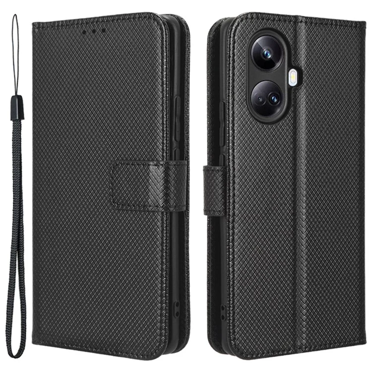 Anti-fall Phone Cover for Realme 10 Pro+ 5G, Magnetic Clasp Well-protected Diamond Texture PU Leather Stand Wallet Phone Case - Black