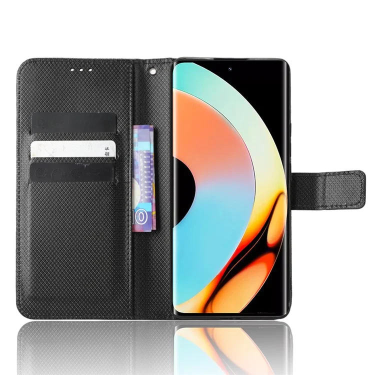 Anti-fall Phone Cover for Realme 10 Pro+ 5G, Magnetic Clasp Well-protected Diamond Texture PU Leather Stand Wallet Phone Case - Black