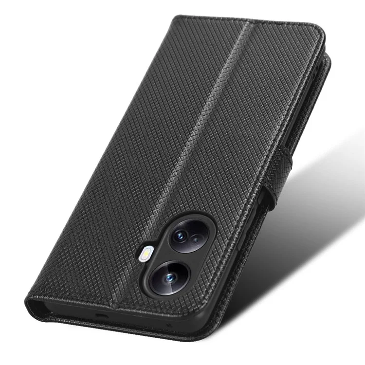 Anti-fall Phone Cover for Realme 10 Pro+ 5G, Magnetic Clasp Well-protected Diamond Texture PU Leather Stand Wallet Phone Case - Black