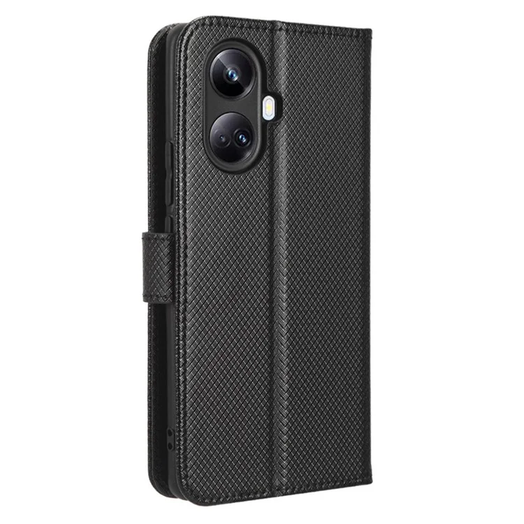 Anti-fall Phone Cover for Realme 10 Pro+ 5G, Magnetic Clasp Well-protected Diamond Texture PU Leather Stand Wallet Phone Case - Black