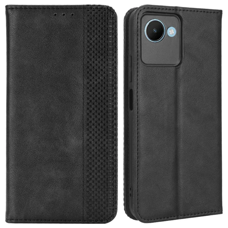 For Realme C30 4G / C30s 4G Magnetic Auto Closing Phone Case Hands-free Stand Retro Texture Imprinted Pattern PU Leather Flip Wallet Phone Cover - Black