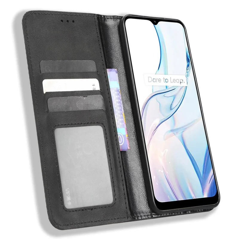 For Realme C30 4G / C30s 4G Magnetic Auto Closing Phone Case Hands-free Stand Retro Texture Imprinted Pattern PU Leather Flip Wallet Phone Cover - Black