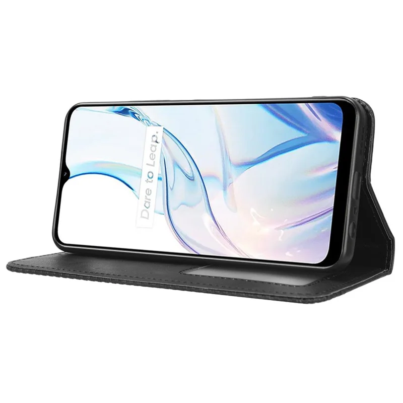 For Realme C30 4G / C30s 4G Magnetic Auto Closing Phone Case Hands-free Stand Retro Texture Imprinted Pattern PU Leather Flip Wallet Phone Cover - Black
