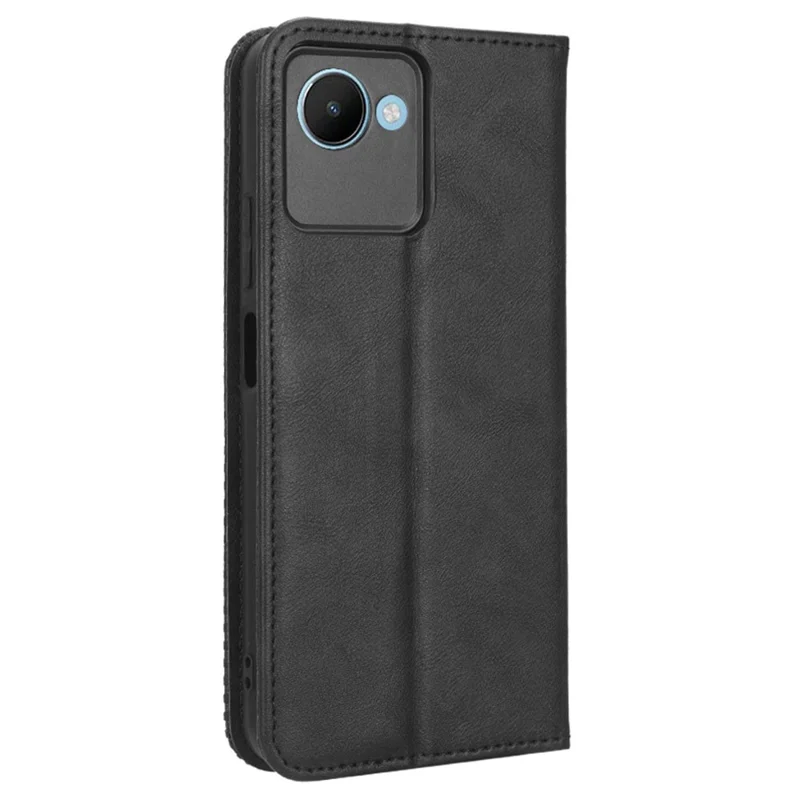 For Realme C30 4G / C30s 4G Magnetic Auto Closing Phone Case Hands-free Stand Retro Texture Imprinted Pattern PU Leather Flip Wallet Phone Cover - Black