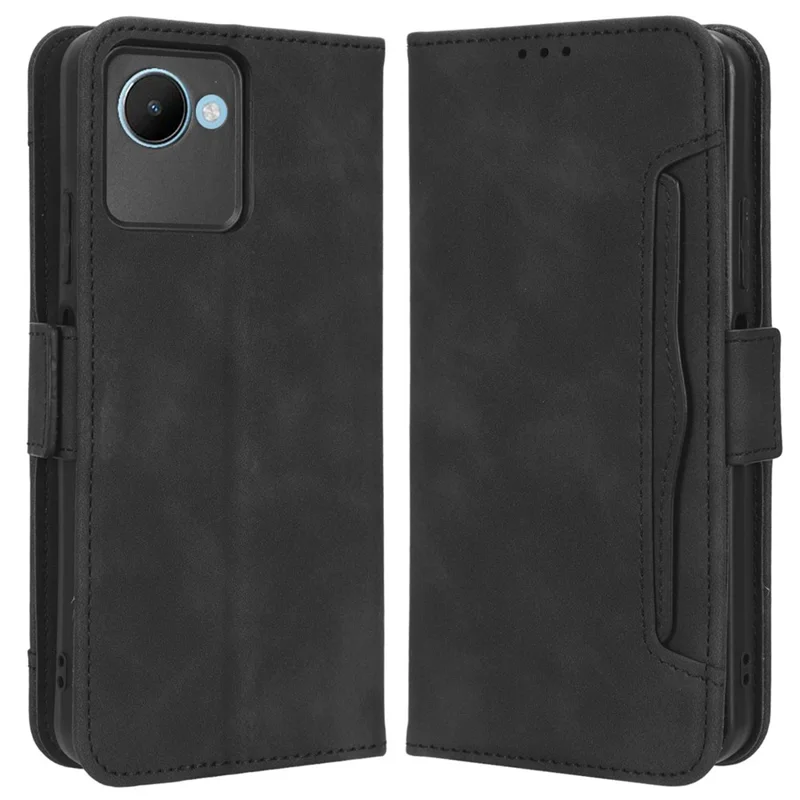 For Realme C30 4G / C30s 4G Fall Protection PU Leather Phone Case Multiple Card Slots Magnetic Flip Phone Cover Wallet Stand - Black