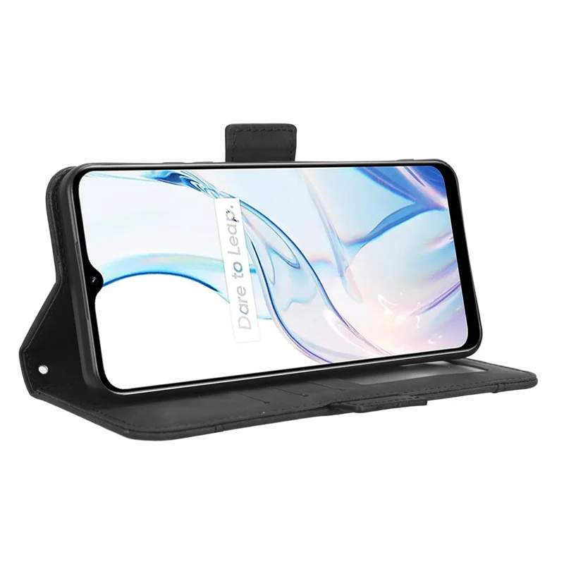 For Realme C30 4G / C30s 4G Fall Protection PU Leather Phone Case Multiple Card Slots Magnetic Flip Phone Cover Wallet Stand - Black