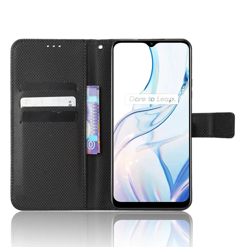 Anti-fall Phone Cover for Realme C30 4G / C30s 4G, Magnetic Clasp Diamond Texture PU Leather Anti-scratch Hands-free Stand Wallet Phone Case - Black