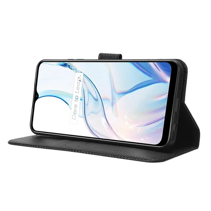 Anti-fall Phone Cover for Realme C30 4G / C30s 4G, Magnetic Clasp Diamond Texture PU Leather Anti-scratch Hands-free Stand Wallet Phone Case - Black