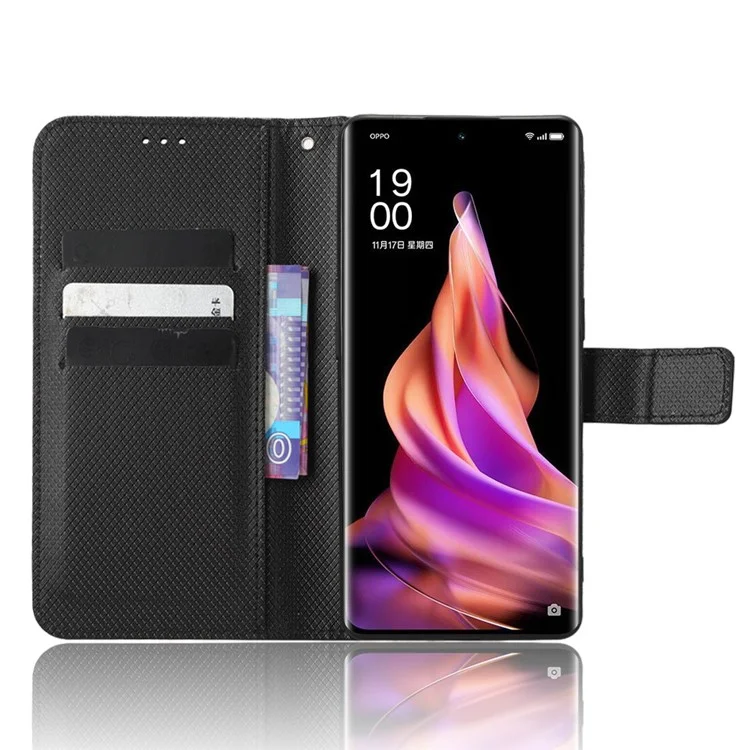 Противоударный чехол для телефона Oppo Reno9 Pro+ 5G, с магнитной застежкой, текстурой под бриллиант, из искусственной кожи, защита от царапин, регулируемая подставка, кошелек - черный