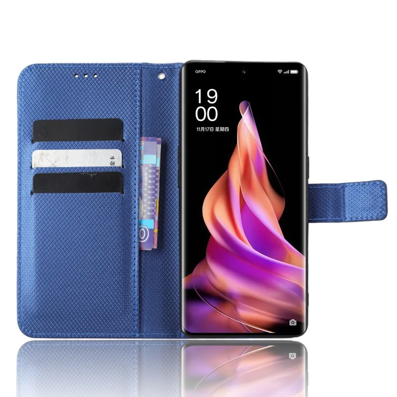 Anti-fall Phone Cover for Oppo Reno9 Pro+ 5G, Magnetic Clasp Diamond Texture PU Leather Anti-scratch Adjustable Stand Wallet Phone Case - Blue