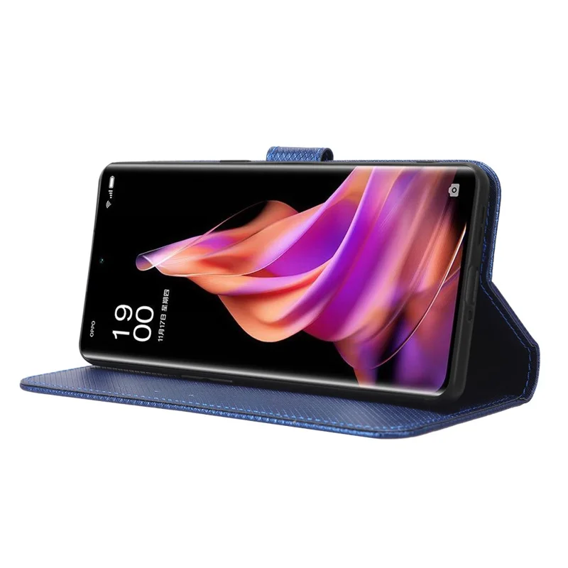 Anti-fall Phone Cover for Oppo Reno9 Pro+ 5G, Magnetic Clasp Diamond Texture PU Leather Anti-scratch Adjustable Stand Wallet Phone Case - Blue