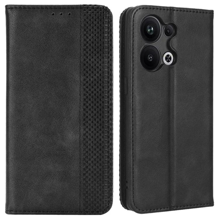 Para Oppo Reno9 Pro+ 5G Capa de Telefone Magnética de Fechamento Automático, Suporte de Visualização, Textura Retrô Impressa, Padrão PU Leather Flip Wallet Phone Cover - Preto
